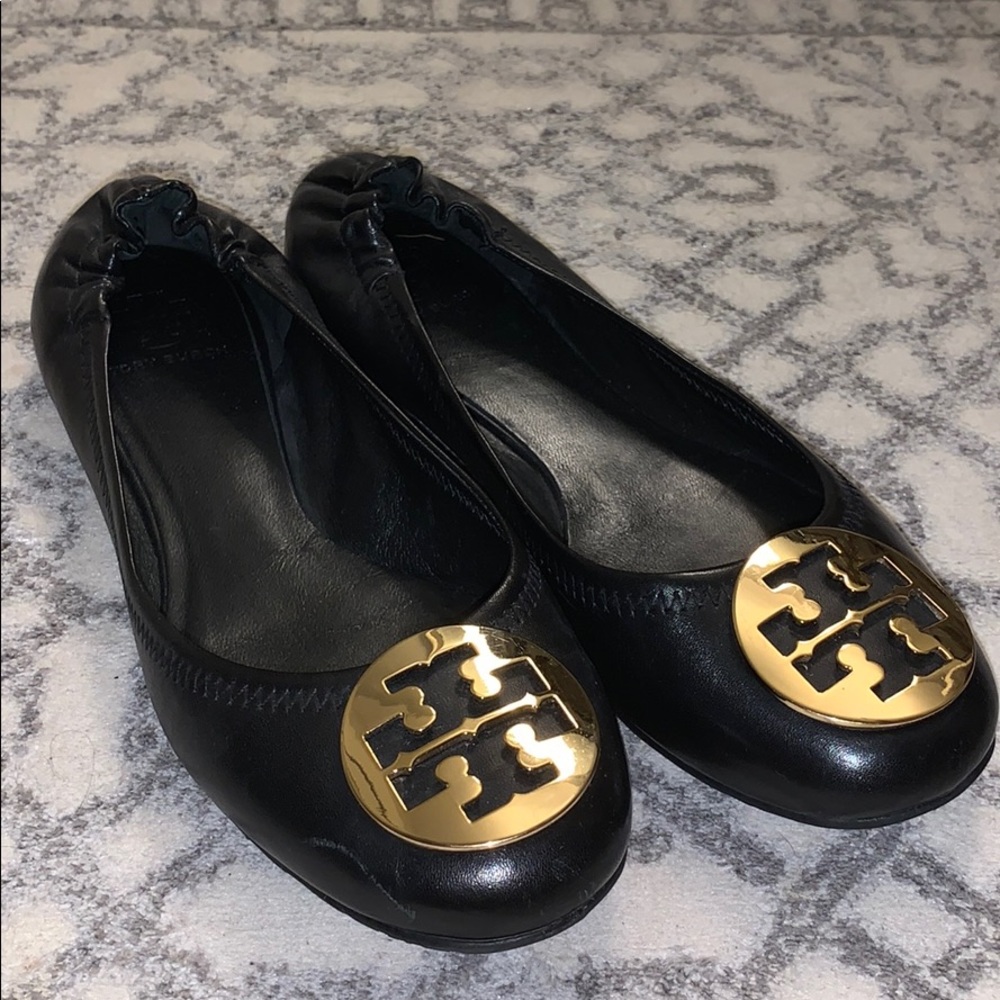 Tory Burch Black Flats with Gold Logo
